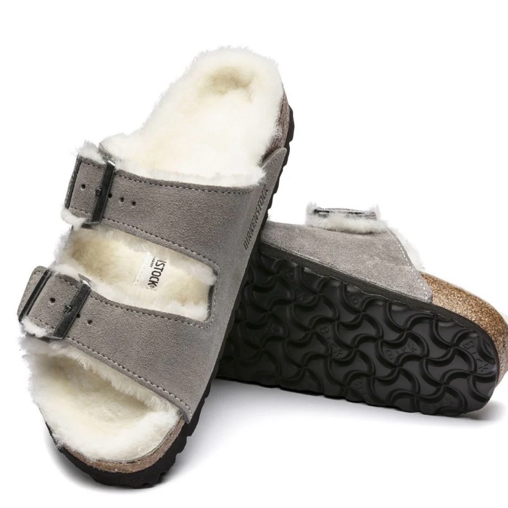 Birkenstock Arizona Shearling Suede Sandals - Gray/White Sz 39